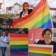 Bildunterschrift: Regenbogenfahne als Zeichen für mehr Toleranz: Die Gleichstellungsbeauftragten der Stadt Landau Evi Julier (oben), des Landkreis SÜW, Isabelle Stähle (links), sowie Germersheim, Lisa-Marie Trog (rechts), begehen den IDAHOBIT. (Quelle: Stadt Landau/KV SÜW/KV GER) 