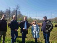 Bei den Bisons: (v.l.) Torsten Kram (Umweltministerium), Uwe Meißner (Kreisverwaltung Germersheim), Landrat Dr, Fritz Brechtel (GER), Umweltministerin Katrin Eder, Ulrich Teichmann (Beigeordneter des Landkreises Südliche Weinstraße). Foto: KV GER/sey