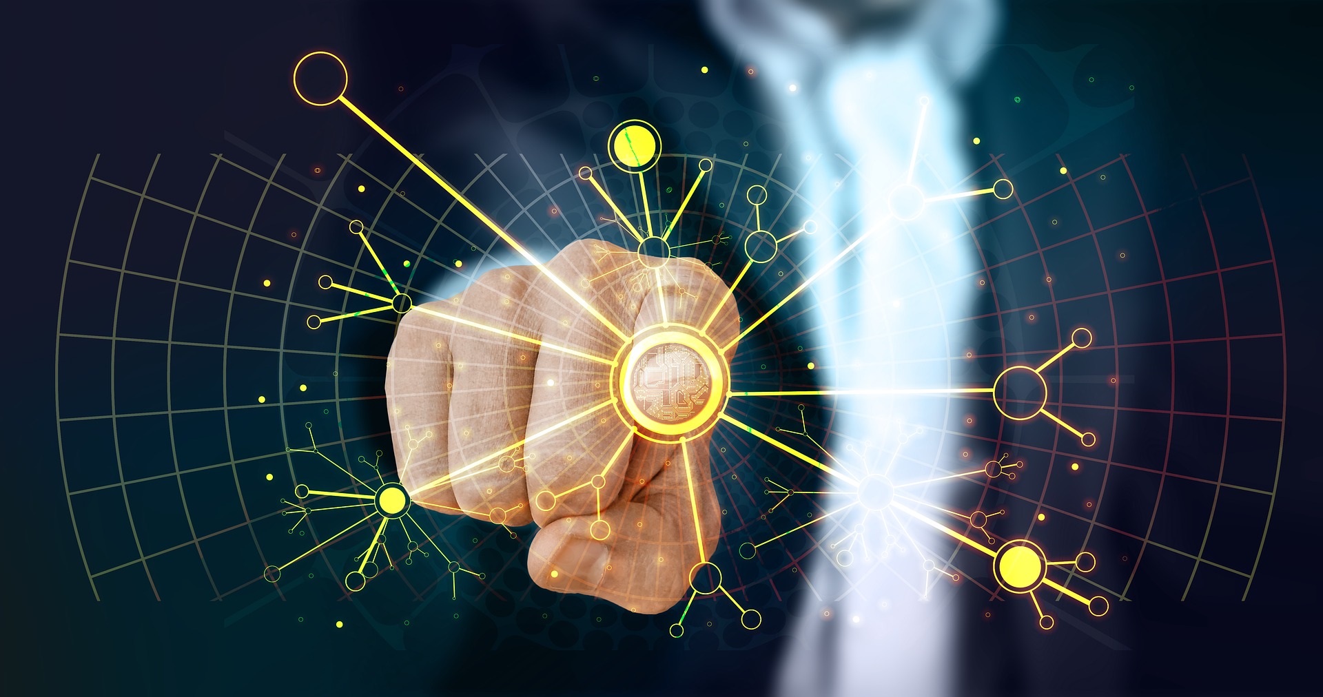 abstraktes bild einer faust, die auf ein radarfeld trifft.