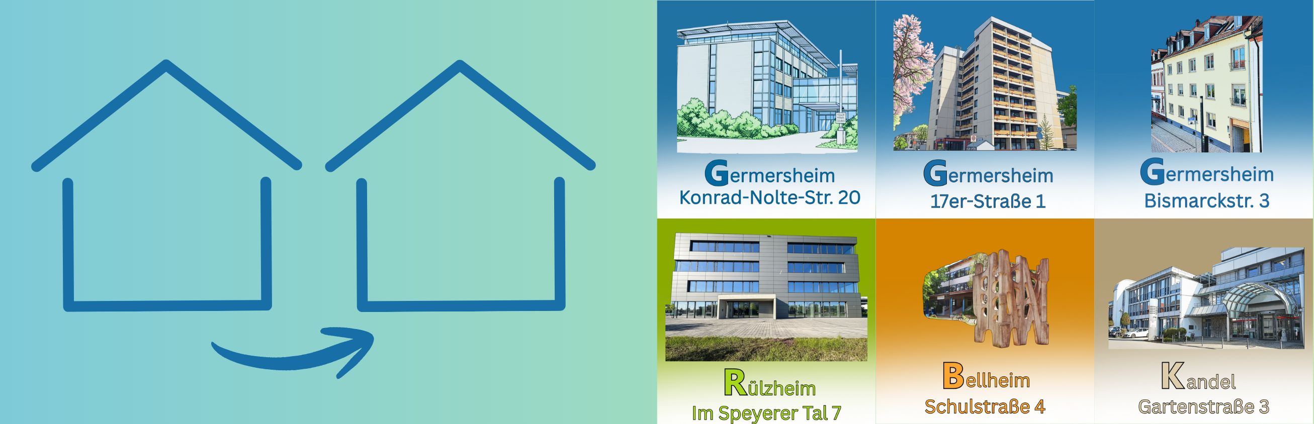 Das Bild zeigt einen Slider für die Webseite auf dem die neuen Standorte der Kreisverwaltung Germersheim zu sehen sind.