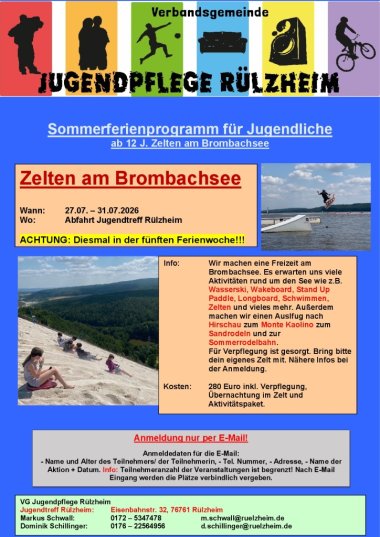 Das foto zeigt einen Flyer zum Thema "Zelten am Brombachsee: 27. bis 31. Juli"